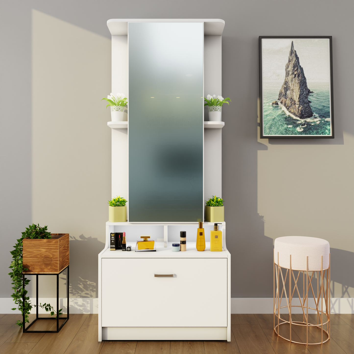 Dressing Table with Mirror Door | Drawer & Shelves Dressing Table VIKI FURNITURE Frosty White