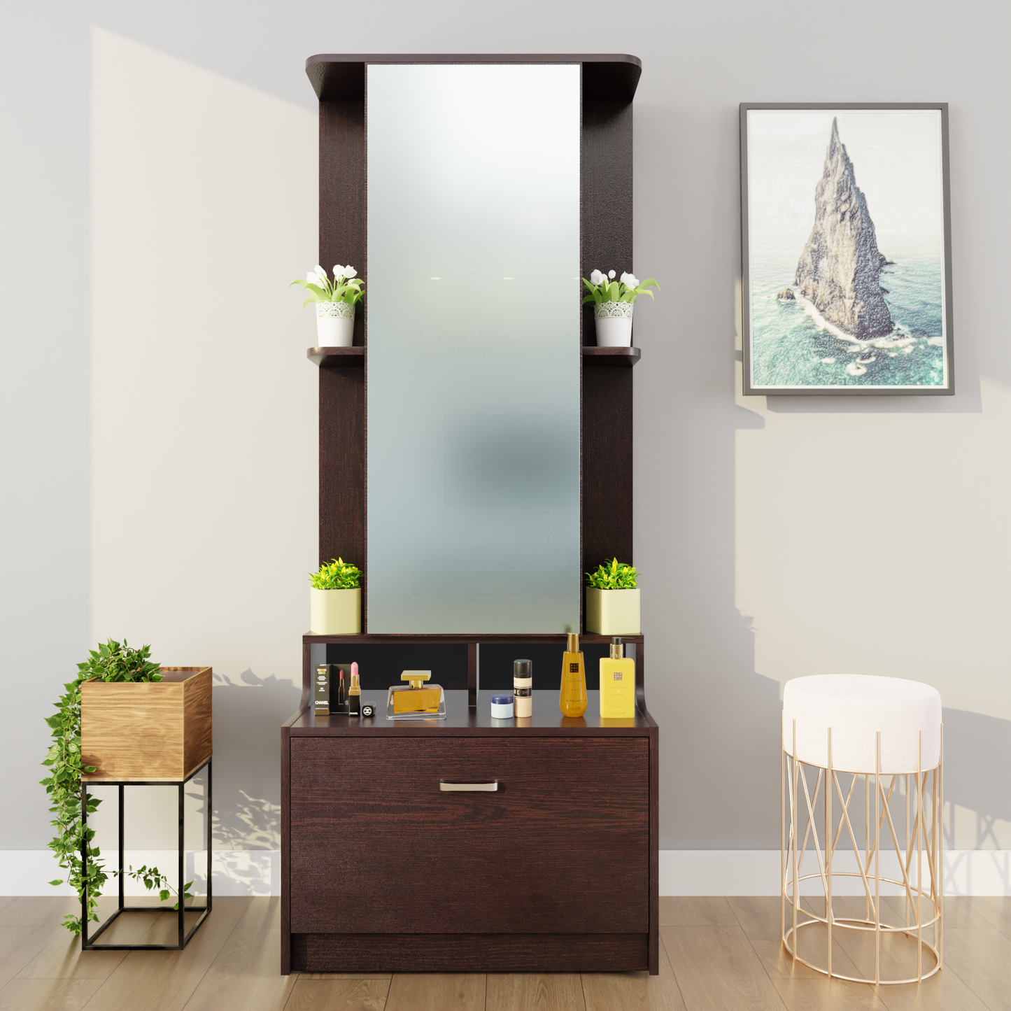 Dressing Table with Mirror Door | Drawer & Shelves Dressing Table VIKI FURNITURE Dark Wenge