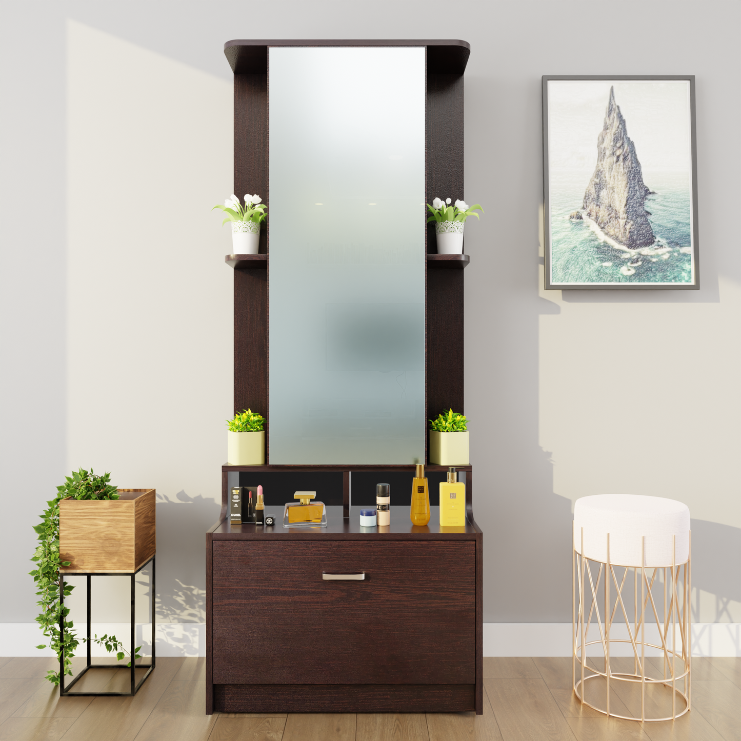 Dressing Table with Mirror Door | Drawer & Shelves Dressing Table VIKI FURNITURE Dark Wenge  