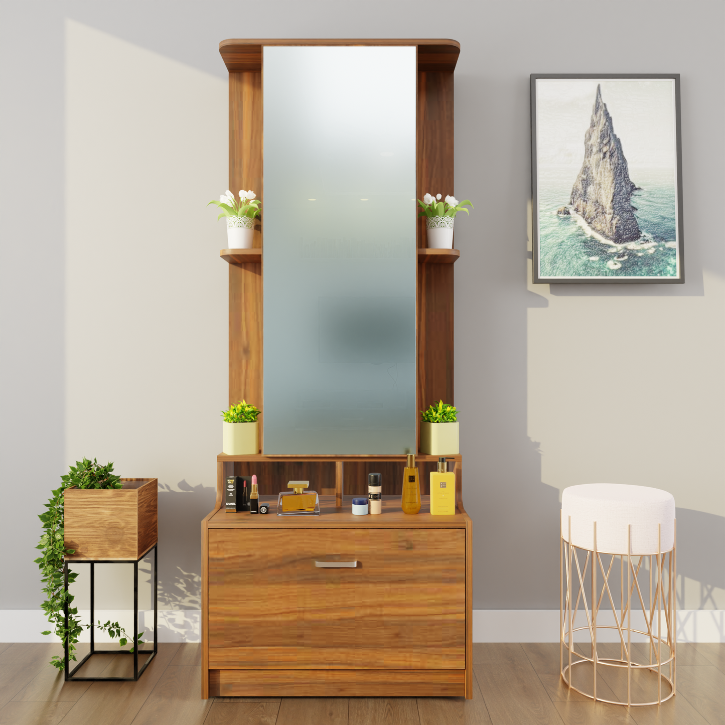 Dressing Table with Mirror Door | Drawer & Shelves Dressing Table VIKI FURNITURE Brussel Walnut  