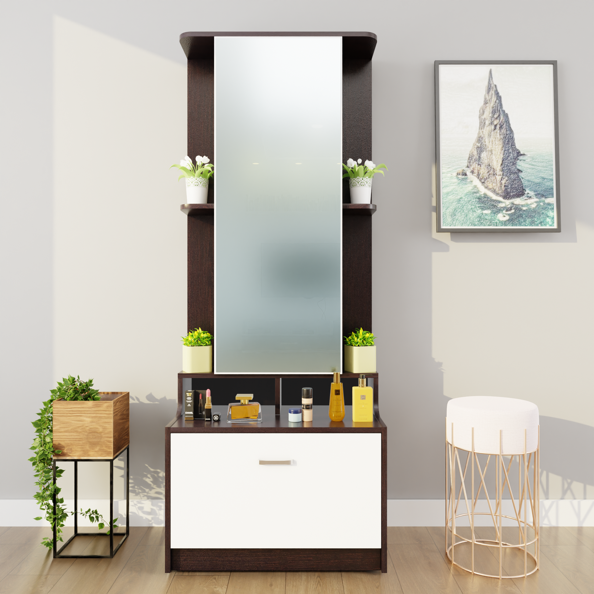 Dressing Table with Mirror Door | Drawer & Shelves | Multi Color Dressing Table VIKI FURNITURE Dark Wenge & Frosty White