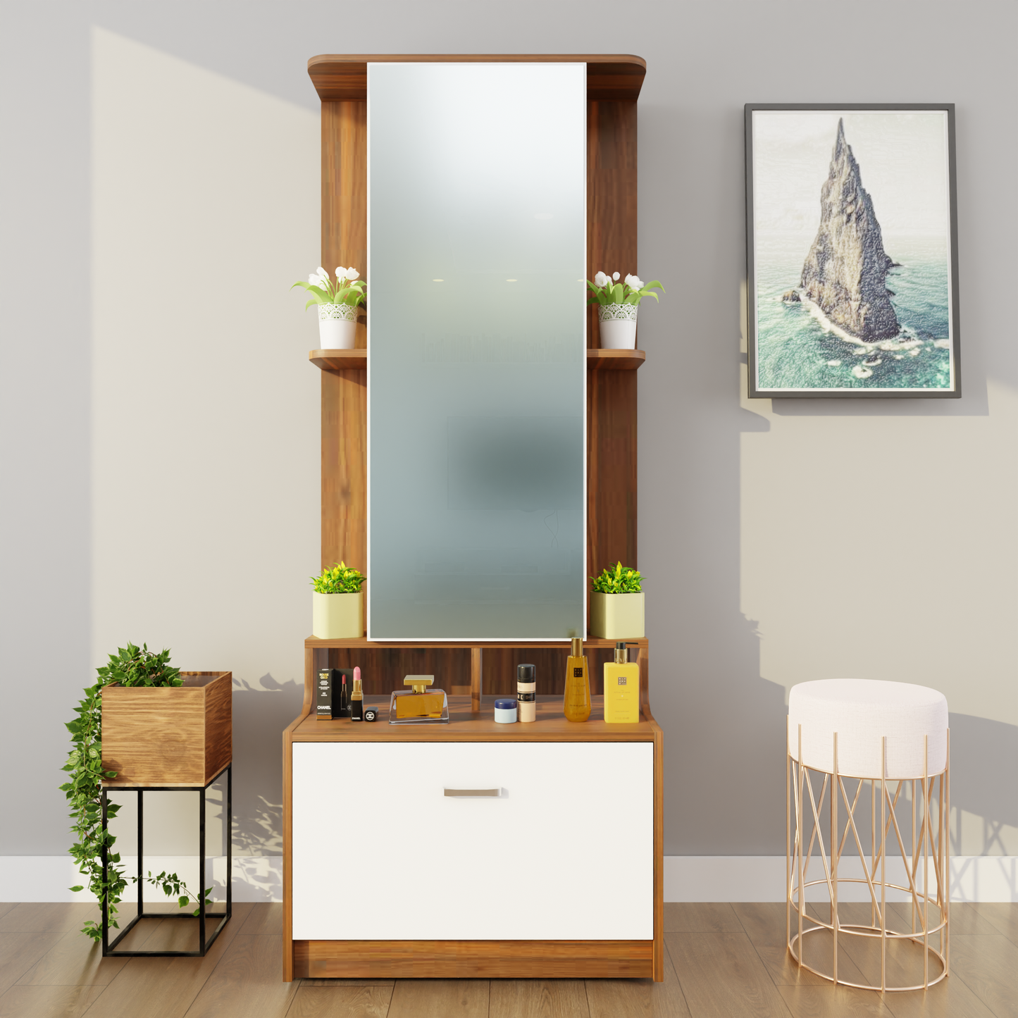 Dressing Table with Mirror Door | Drawer & Shelves | Multi Color Dressing Table VIKI FURNITURE Brussel Walnut & Frosty White