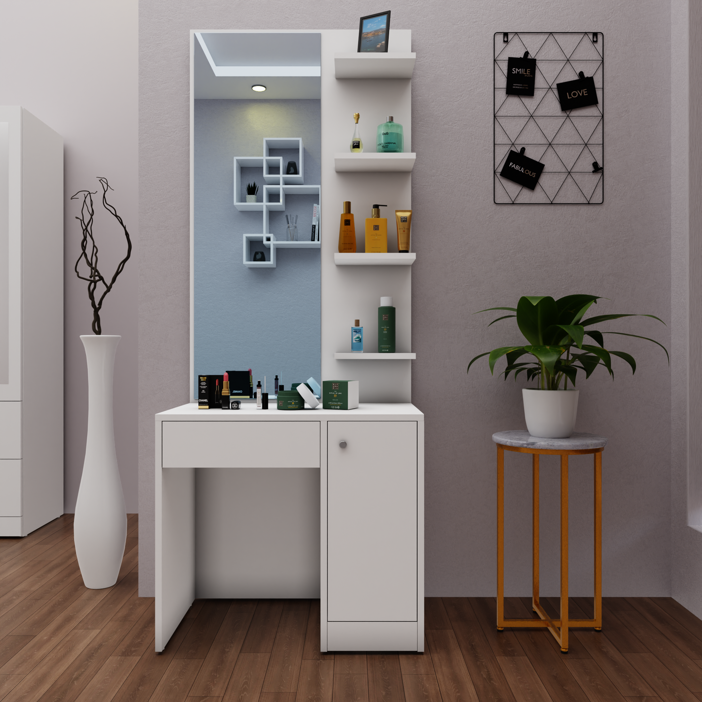 Dressing Table with Mirror Door | Door, Drawer & Open Shelves Dressing Table VIKI FURNITURE Frosty White
