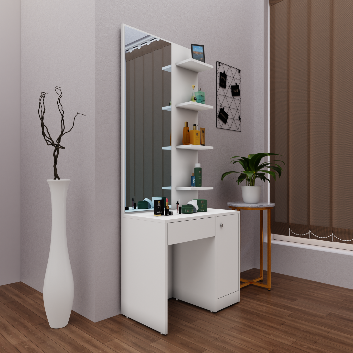 Dressing Table with Mirror Door | Door, Drawer & Open Shelves Dressing Table VIKI FURNITURE   