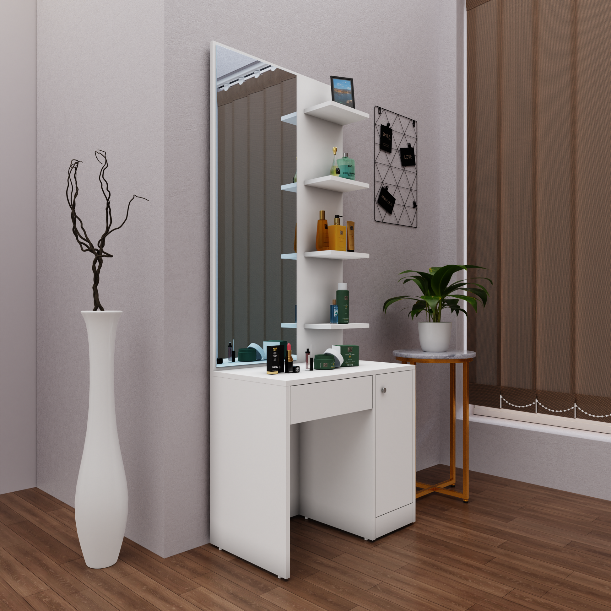 Dressing Table with Mirror Door | Door, Drawer & Open Shelves Dressing Table VIKI FURNITURE