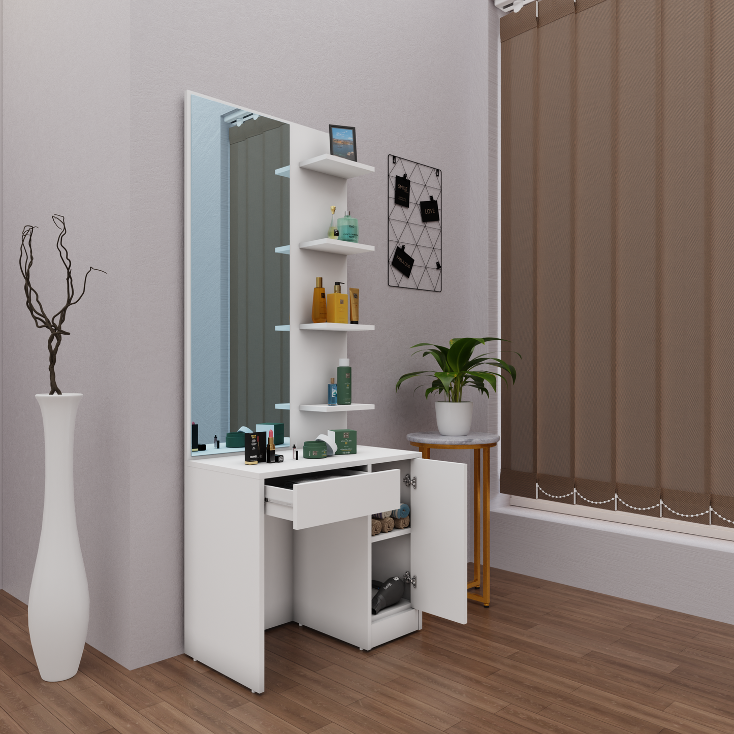 Dressing Table with Mirror Door | Door, Drawer & Open Shelves Dressing Table VIKI FURNITURE