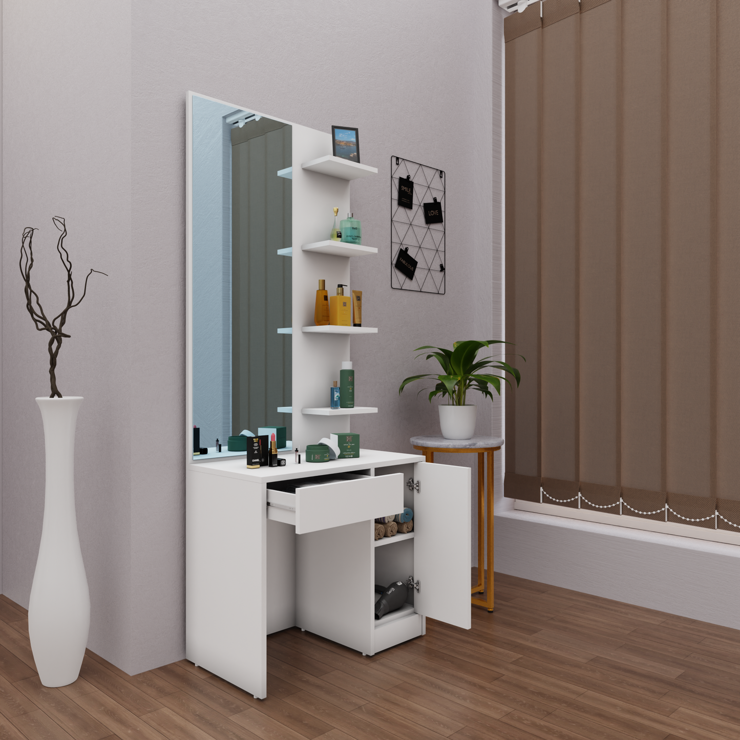 Dressing Table with Mirror Door | Door, Drawer & Open Shelves Dressing Table VIKI FURNITURE   