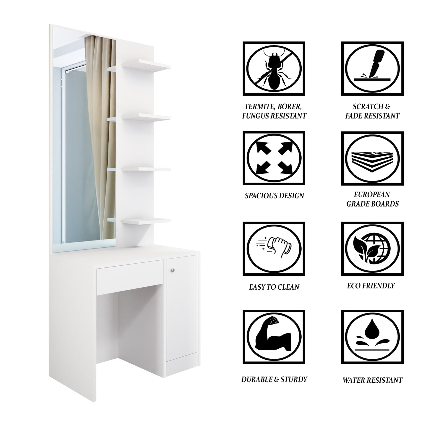 Dressing Table with Mirror Door | Door, Drawer & Open Shelves Dressing Table VIKI FURNITURE
