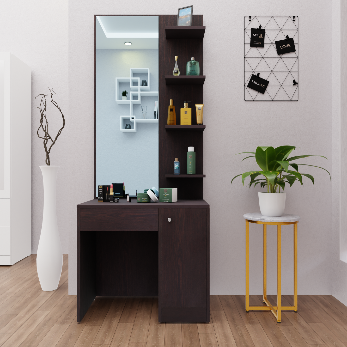Dressing Table with Mirror Door | Door, Drawer & Open Shelves Dressing Table VIKI FURNITURE Dark Wenge