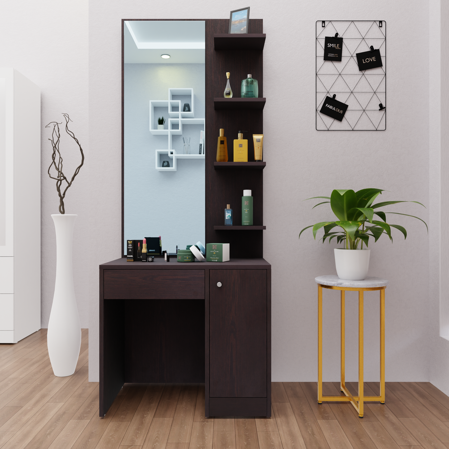 Dressing Table with Mirror Door | Door, Drawer & Open Shelves Dressing Table VIKI FURNITURE Dark Wenge  