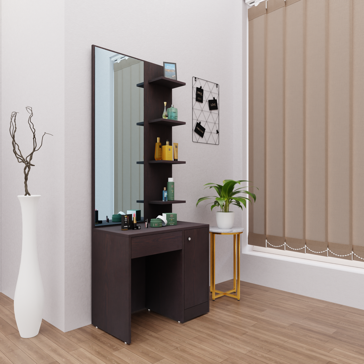 Dressing Table with Mirror Door | Door, Drawer & Open Shelves Dressing Table VIKI FURNITURE