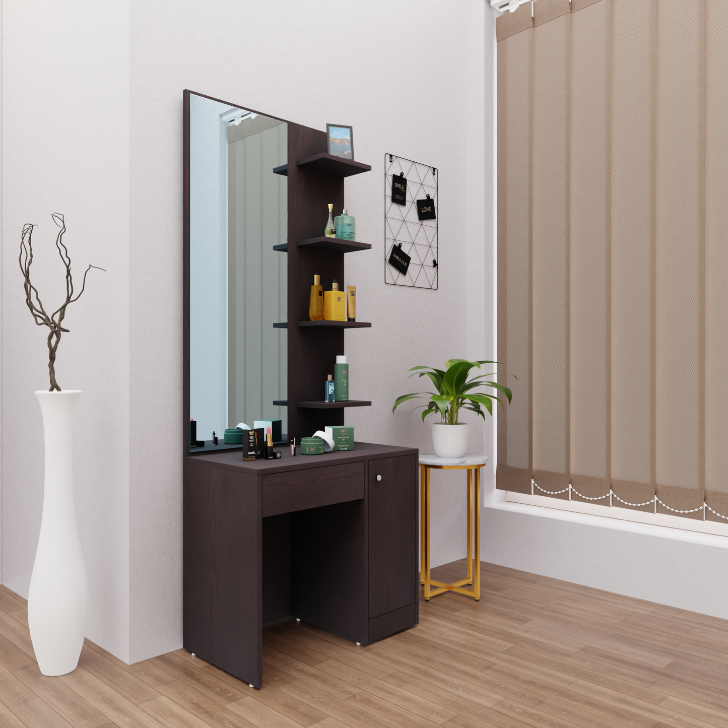 Dressing Table with Mirror Door | Door, Drawer & Open Shelves Dressing Table VIKI FURNITURE   