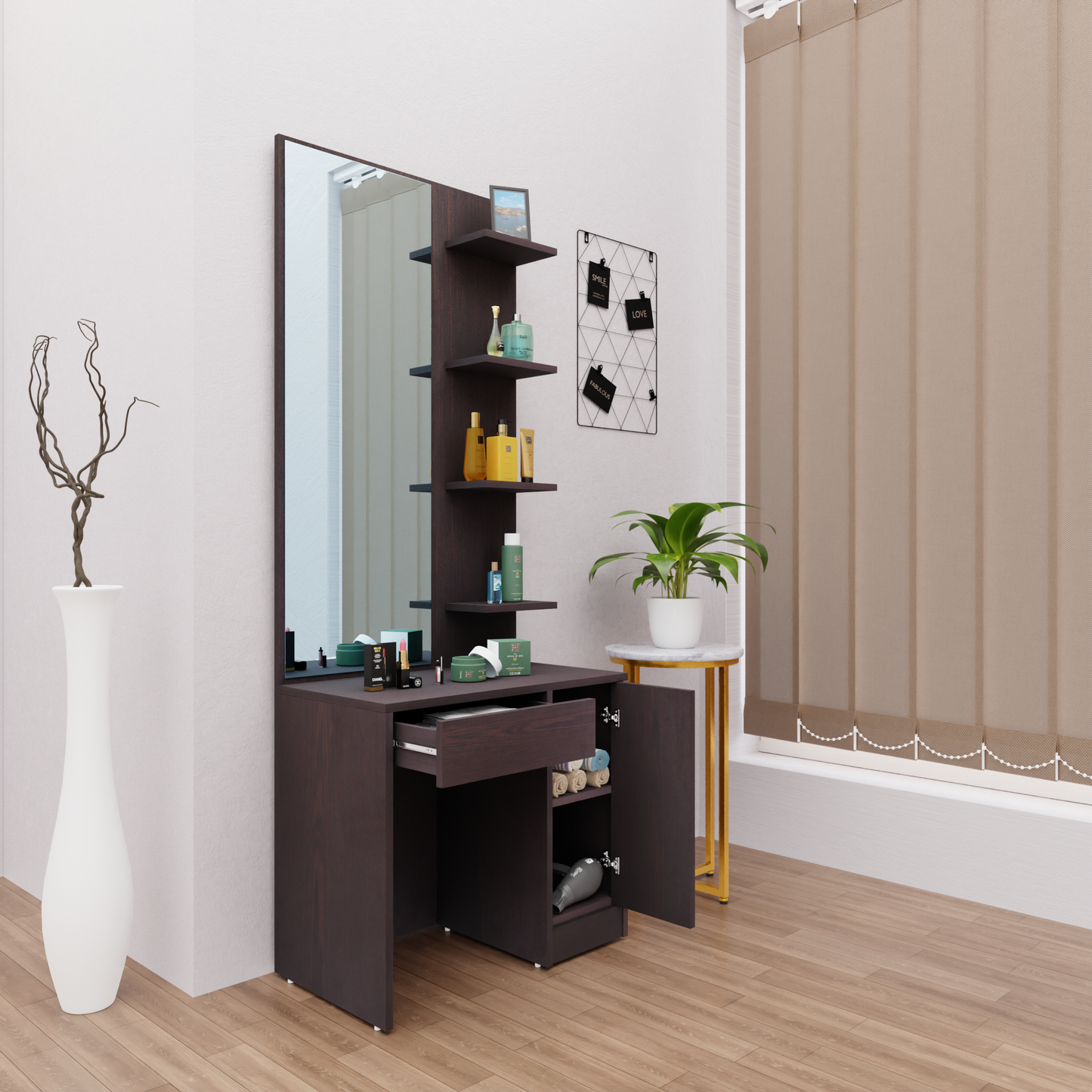 Dressing Table with Mirror Door | Door, Drawer & Open Shelves Dressing Table VIKI FURNITURE   