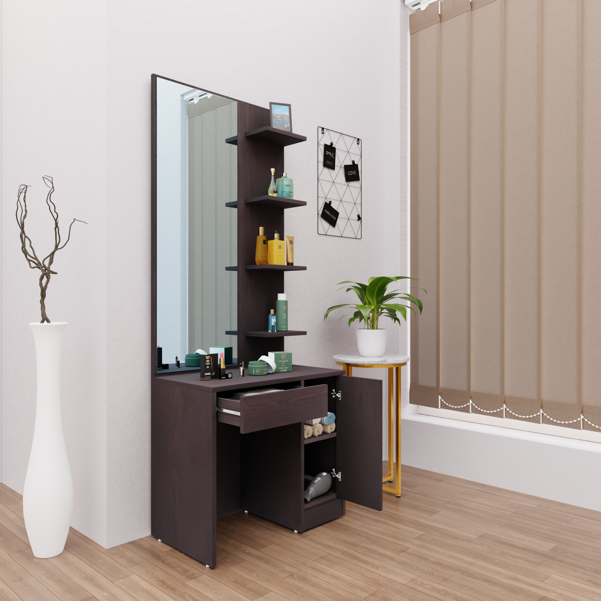 Dressing Table with Mirror Door | Door, Drawer & Open Shelves Dressing Table VIKI FURNITURE
