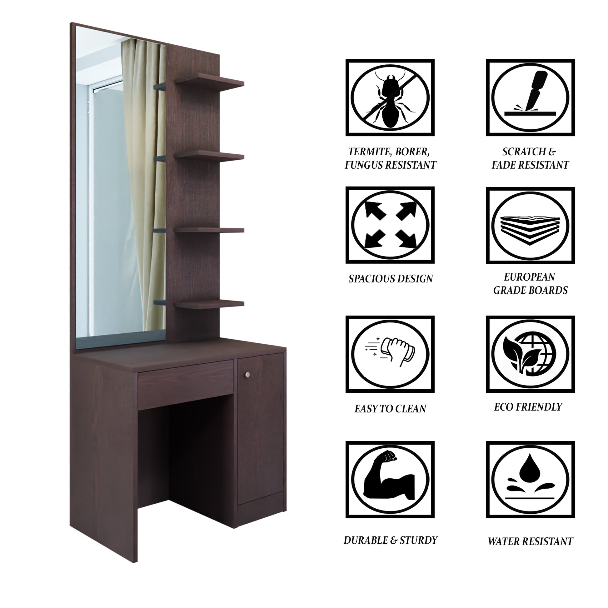 Dressing Table with Mirror Door | Door, Drawer & Open Shelves Dressing Table VIKI FURNITURE