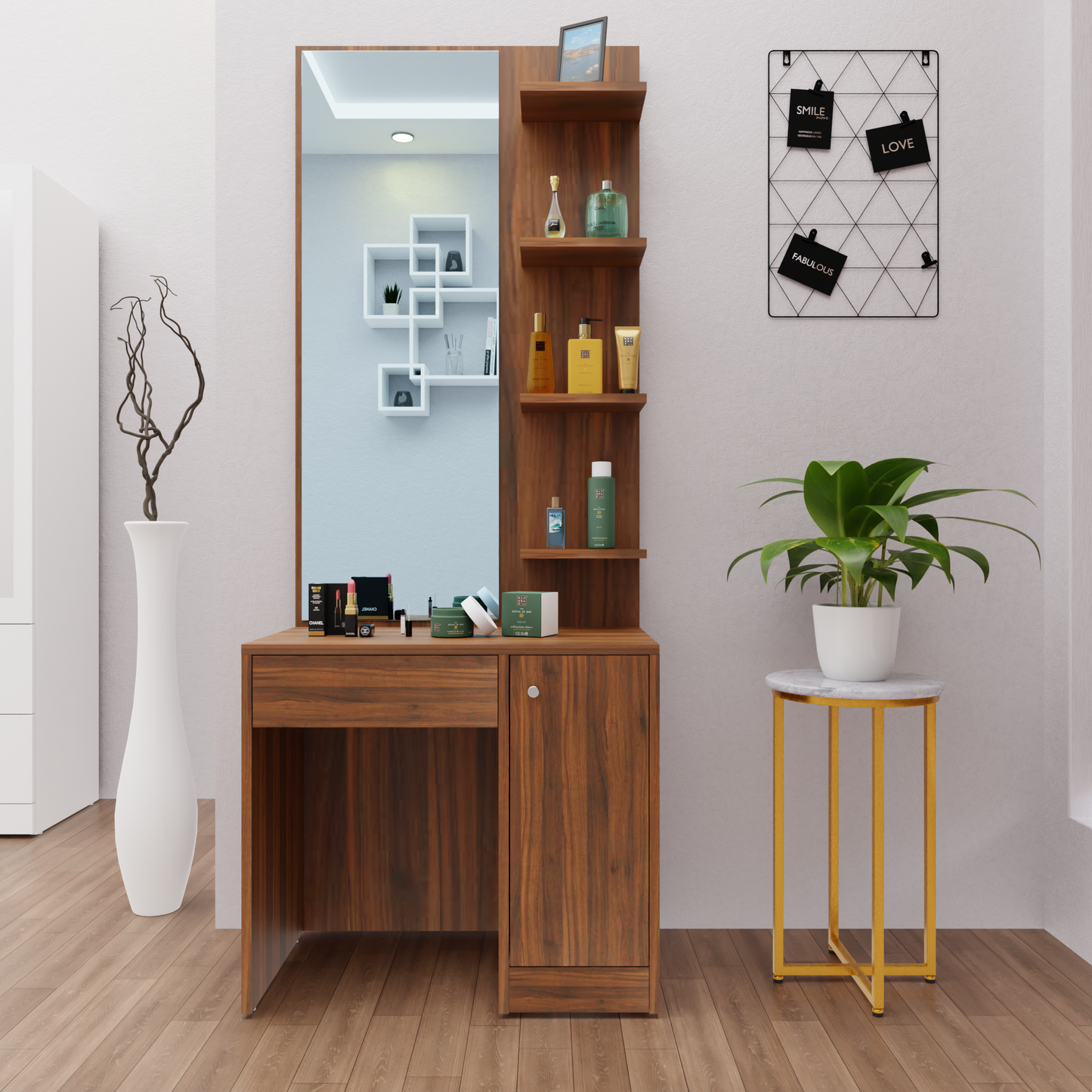 Dressing Table with Mirror Door | Door, Drawer & Open Shelves Dressing Table VIKI FURNITURE Brussel Walnut