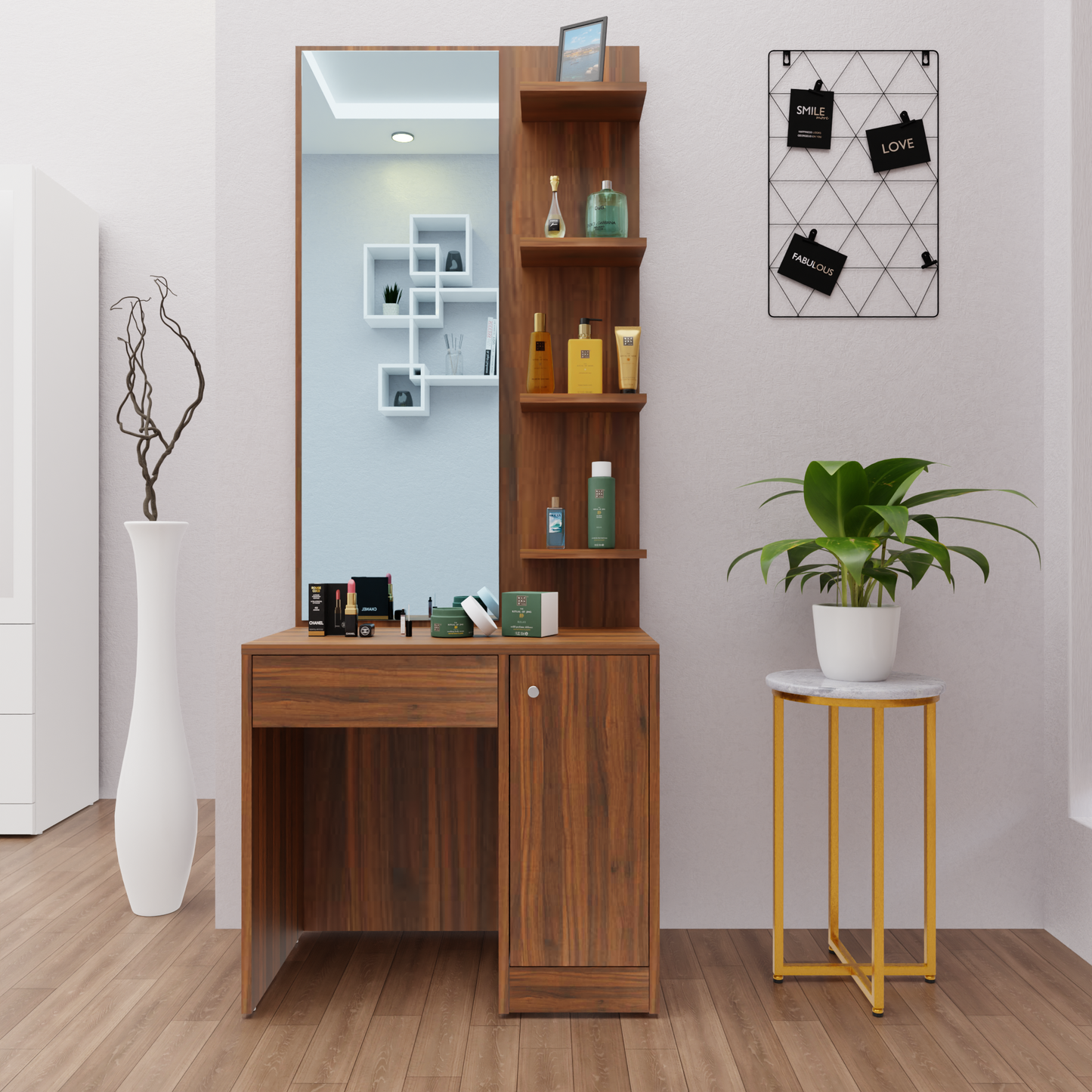 Dressing Table with Mirror Door | Door, Drawer & Open Shelves Dressing Table VIKI FURNITURE Brussel Walnut  