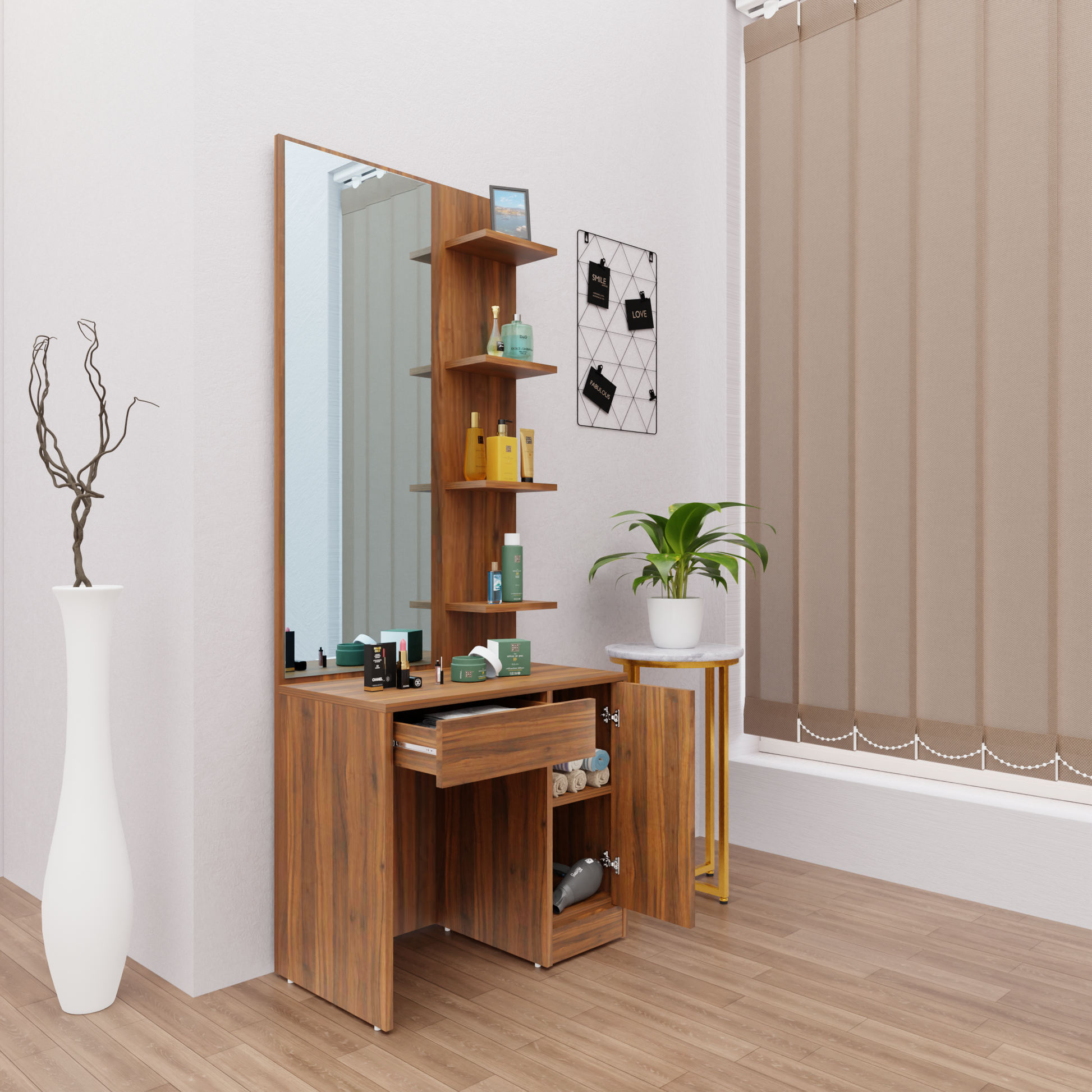 Dressing Table with Mirror Door | Door, Drawer & Open Shelves Dressing Table VIKI FURNITURE