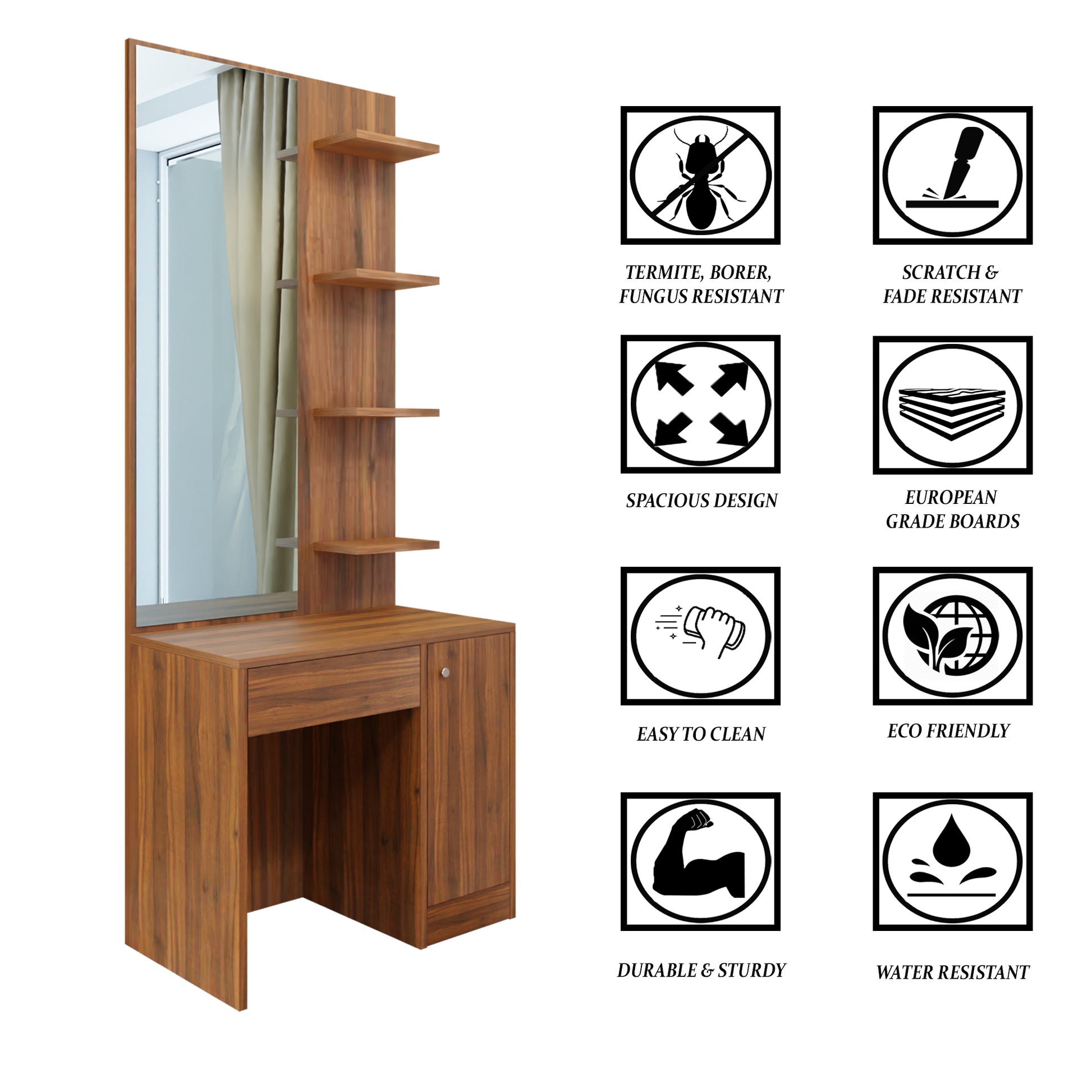 Dressing Table with Mirror Door | Door, Drawer & Open Shelves Dressing Table VIKI FURNITURE