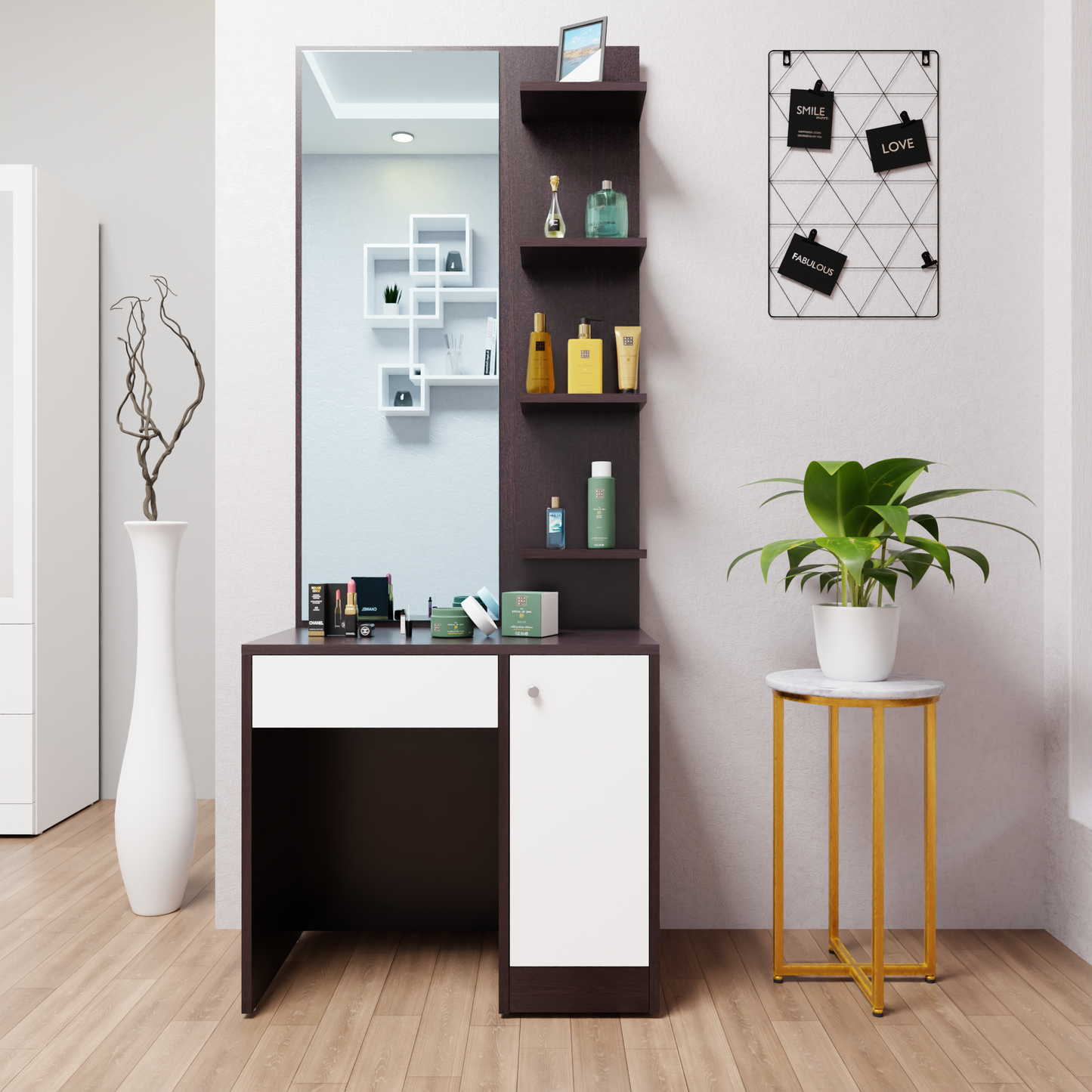 Dressing Table with Mirror Door | Door, Drawer & Open Shelves | Multi Color Dressing Table VIKI FURNITURE Dark Wenge & Frosty White