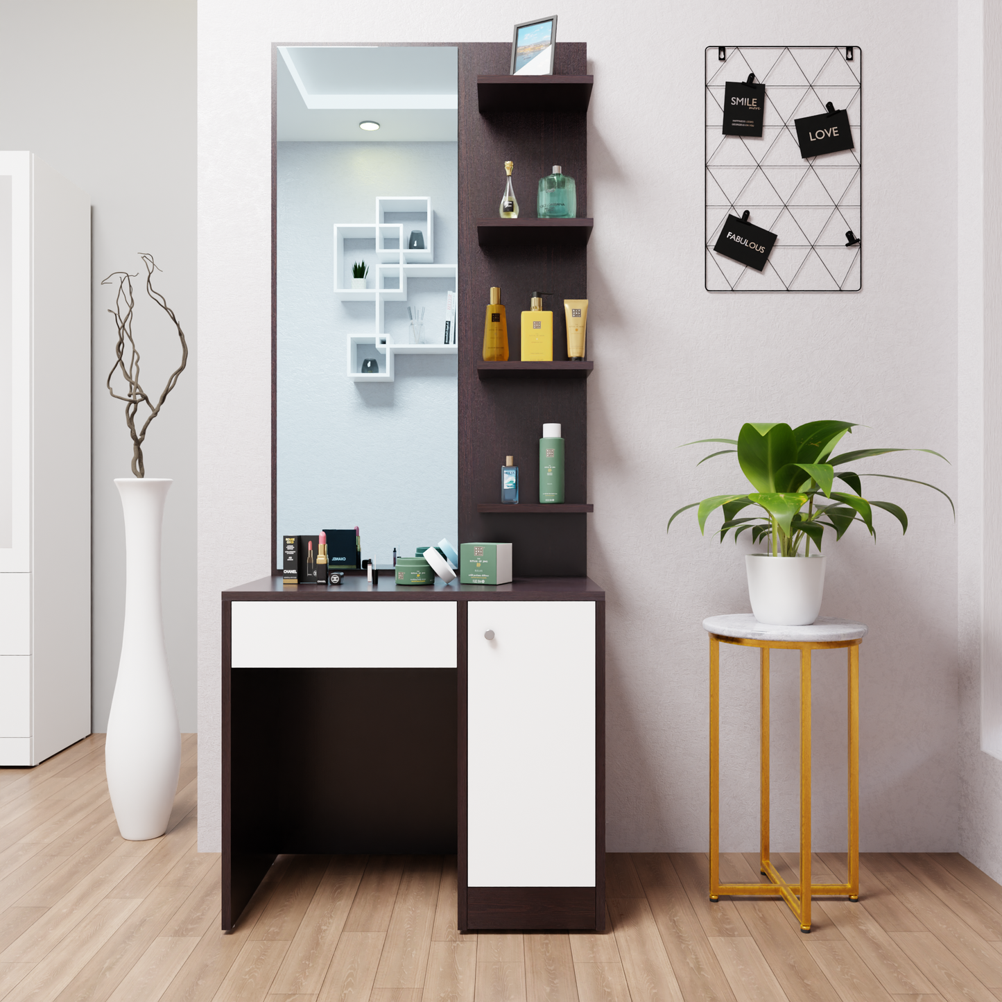 Dressing Table with Mirror Door | Door, Drawer & Open Shelves | Multi Color Dressing Table VIKI FURNITURE Dark Wenge & Frosty White  