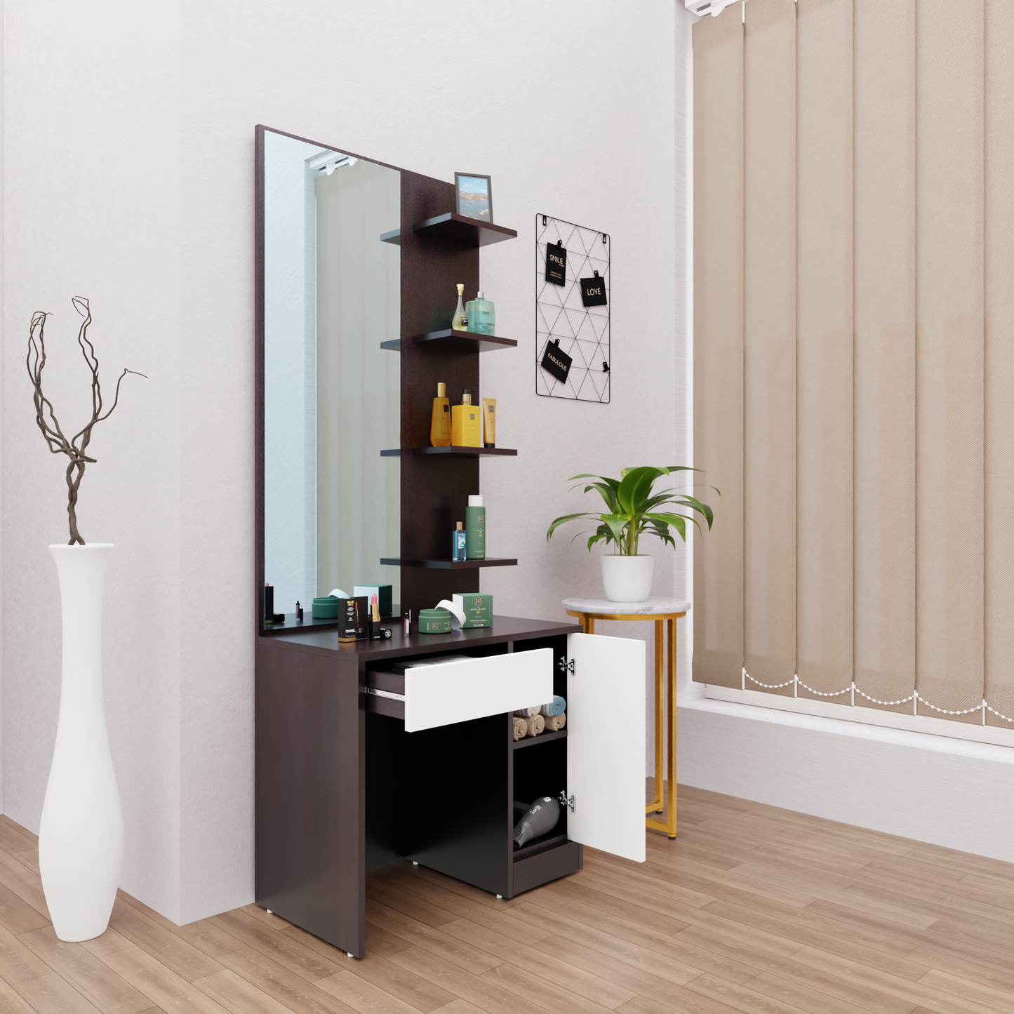 Dressing Table with Mirror Door | Door, Drawer & Open Shelves | Multi Color Dressing Table VIKI FURNITURE