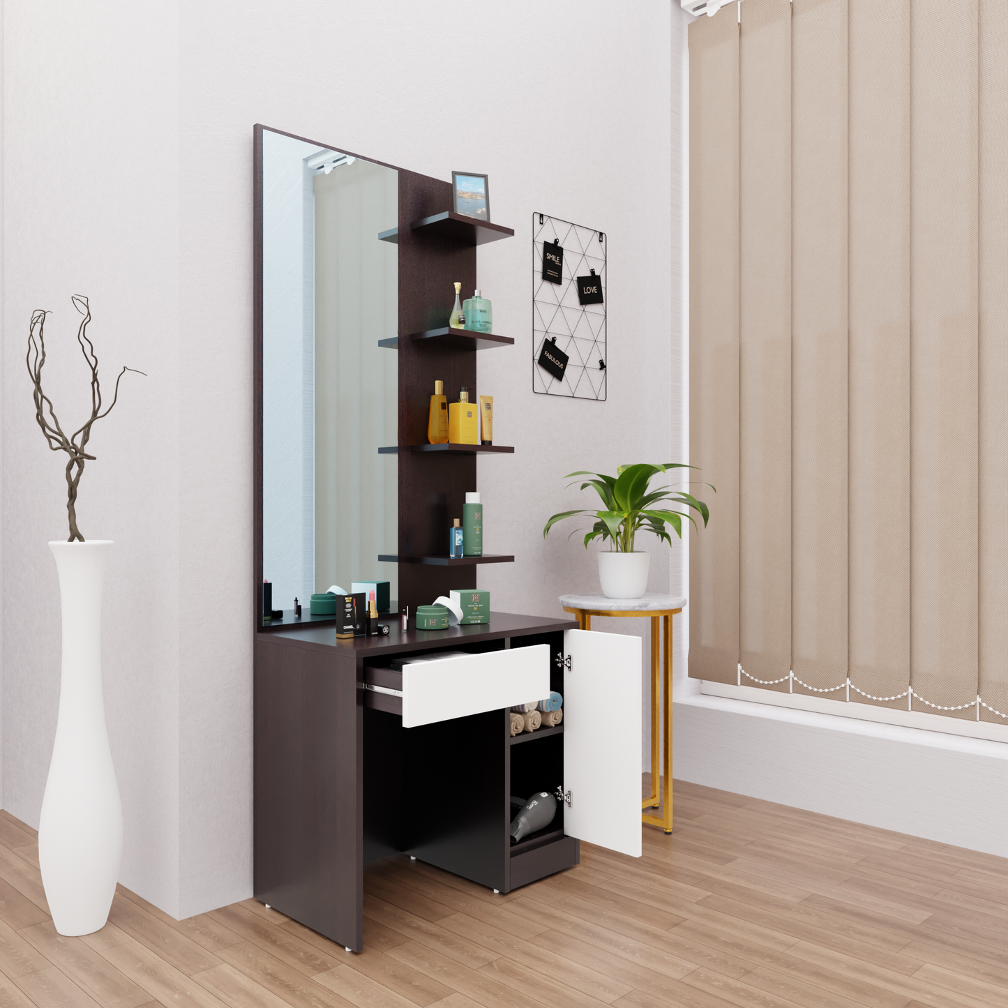 Dressing Table with Mirror Door | Door, Drawer & Open Shelves | Multi Color Dressing Table VIKI FURNITURE   