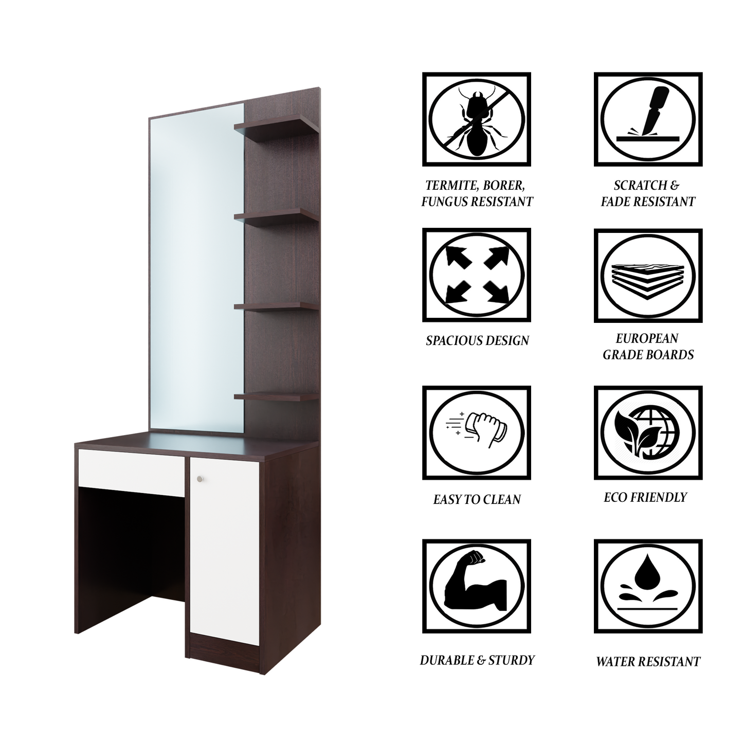 Dressing Table with Mirror Door | Door, Drawer & Open Shelves | Multi Color Dressing Table VIKI FURNITURE   