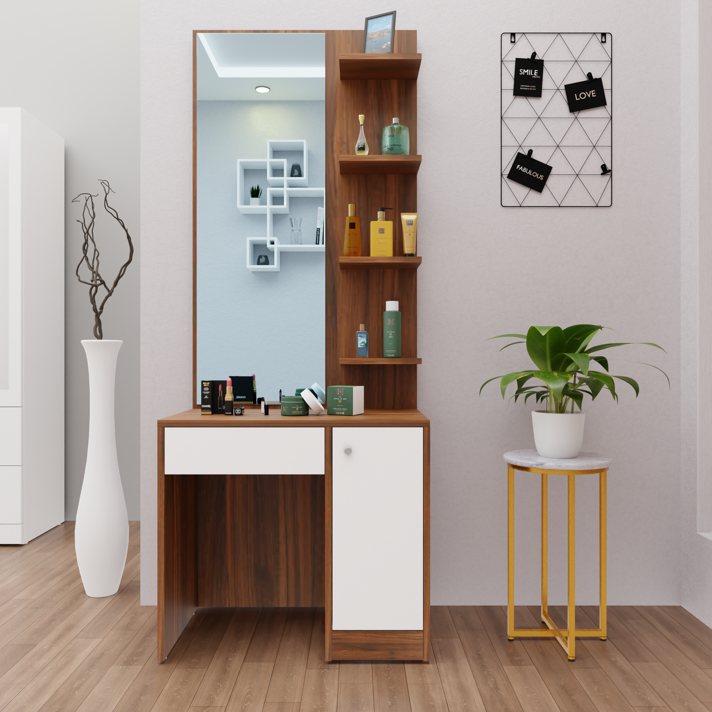 Dressing Table with Mirror Door | Door, Drawer & Open Shelves | Multi Color Dressing Table VIKI FURNITURE Brussel Walnut & Frosty White