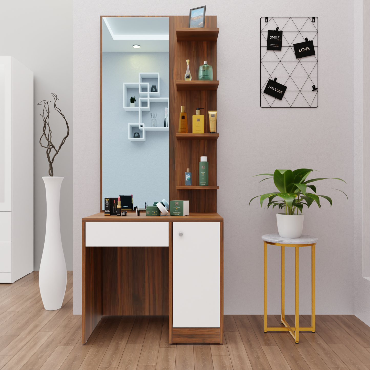 Dressing Table with Mirror Door | Door, Drawer & Open Shelves | Multi Color Dressing Table VIKI FURNITURE Brussel Walnut & Frosty White  