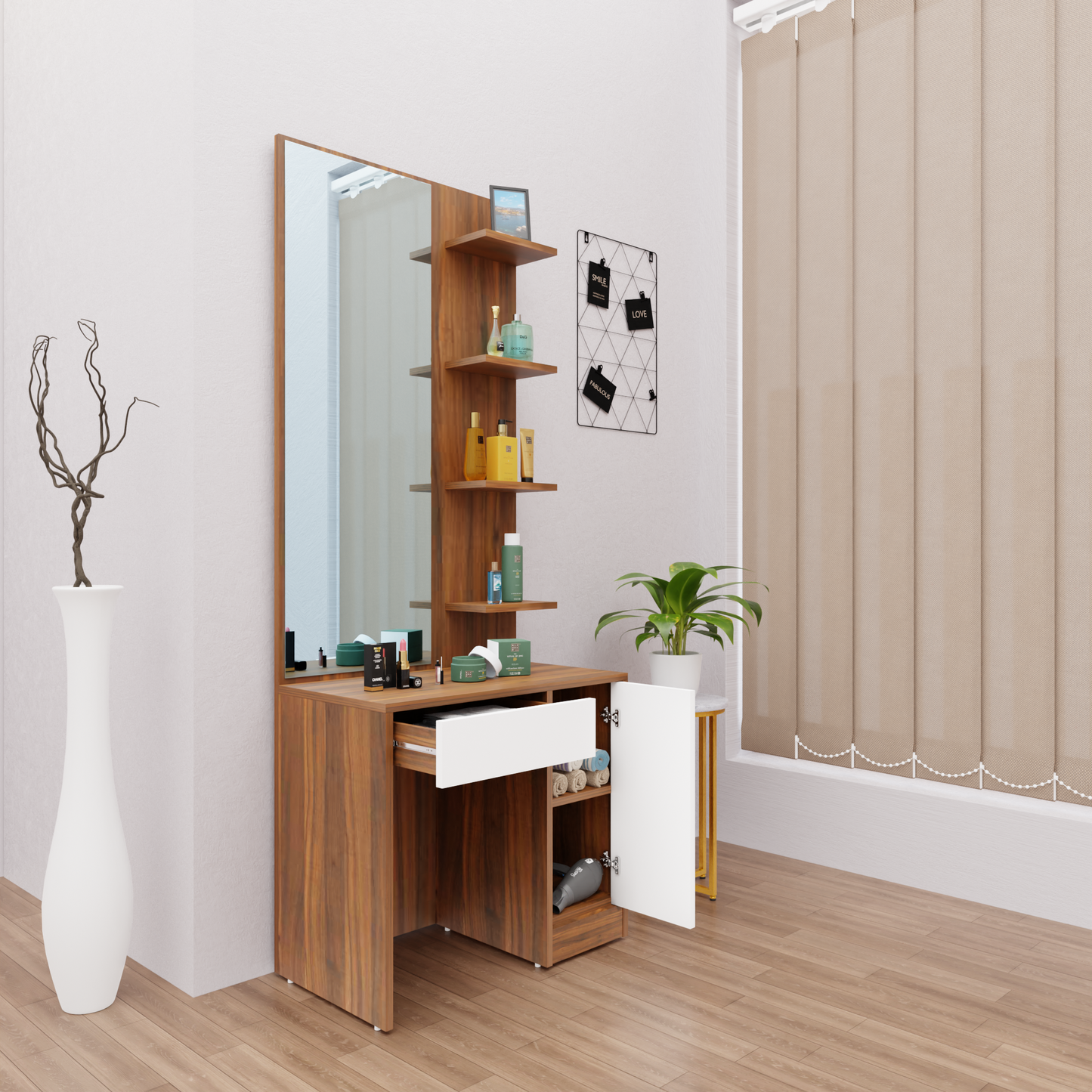 Dressing Table with Mirror Door | Door, Drawer & Open Shelves | Multi Color Dressing Table VIKI FURNITURE