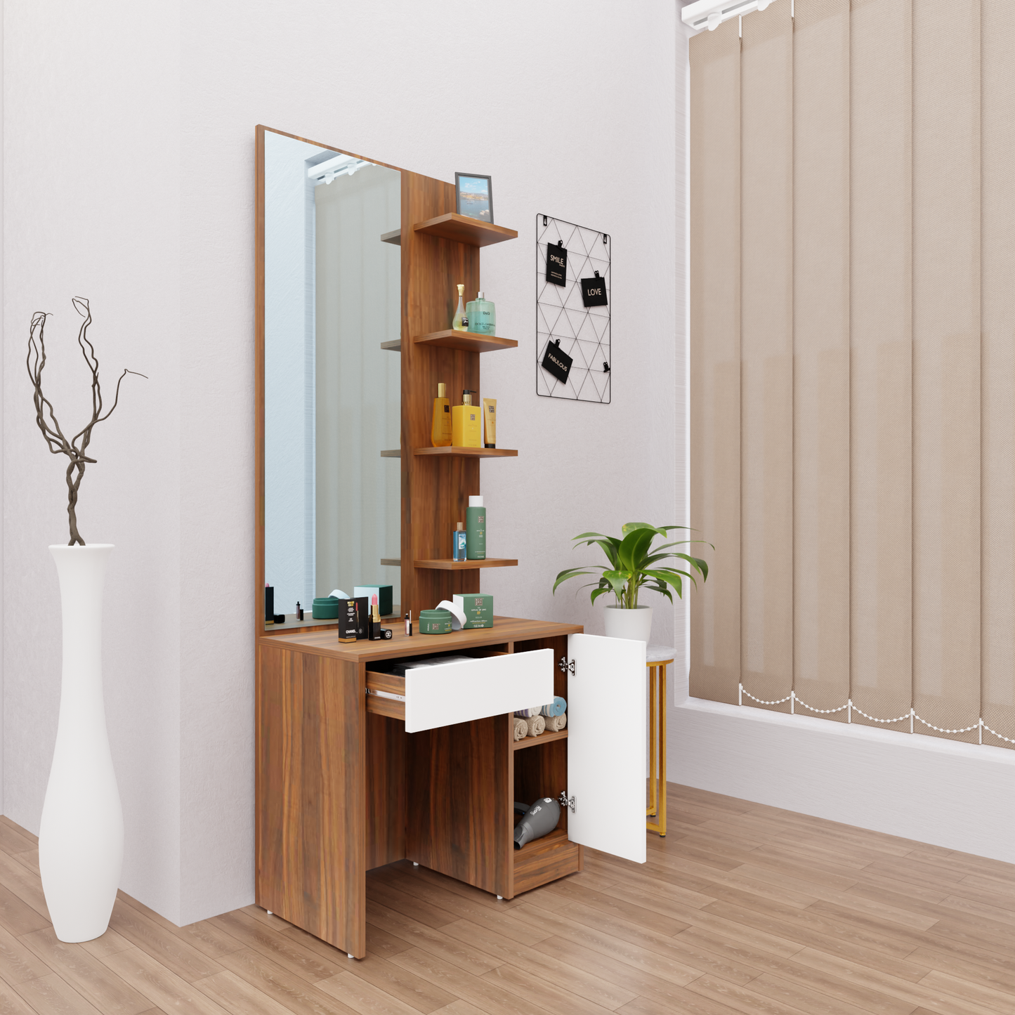 Dressing Table with Mirror Door | Door, Drawer & Open Shelves | Multi Color Dressing Table VIKI FURNITURE   