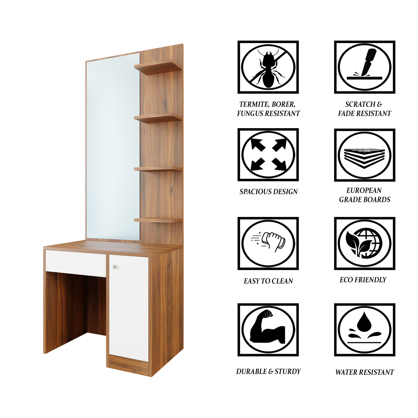 Dressing Table with Mirror Door | Door, Drawer & Open Shelves | Multi Color Dressing Table VIKI FURNITURE   