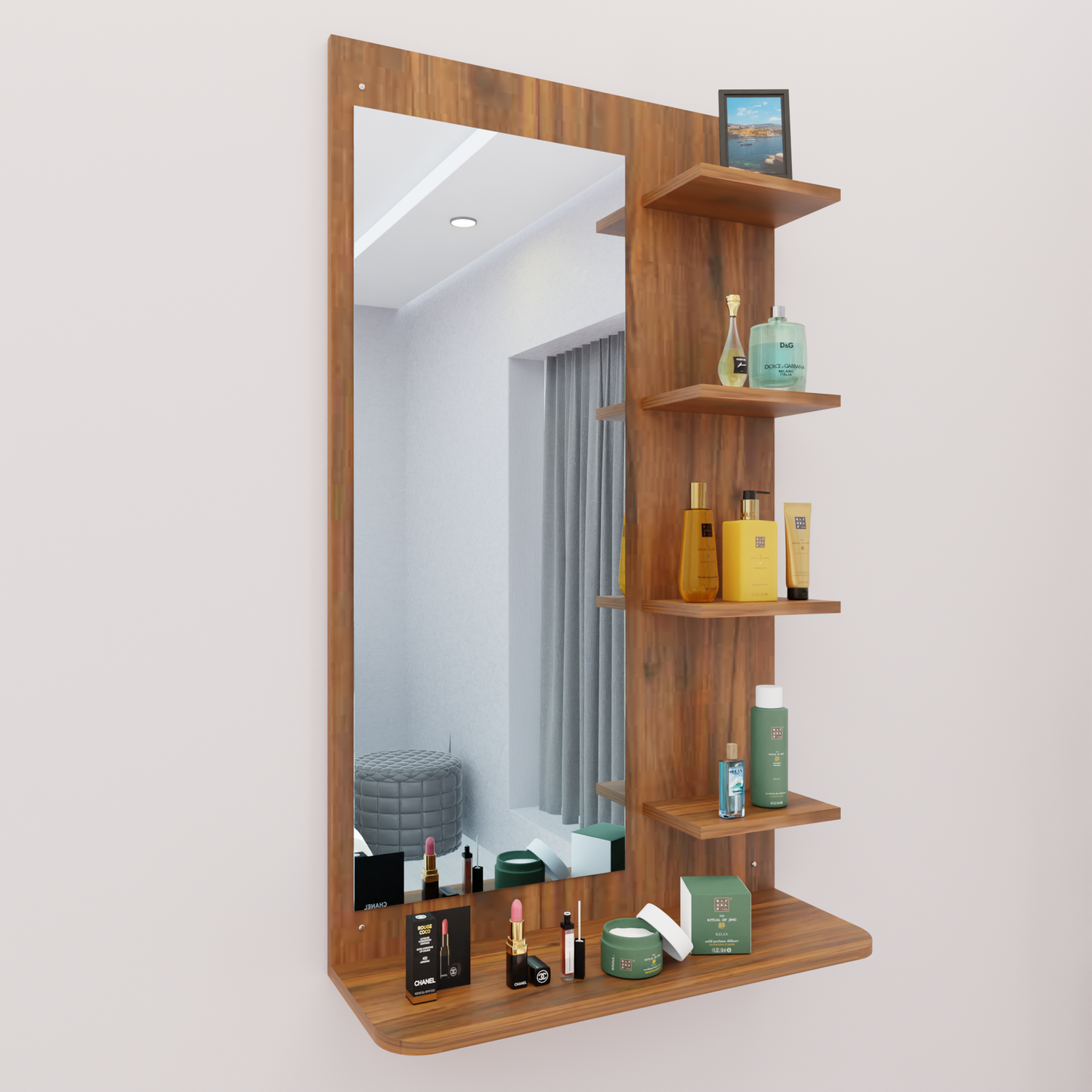 Dressing Table with Mirror | Open Shelves Dressing Table VIKI FURNITURE Brussel Walnut  