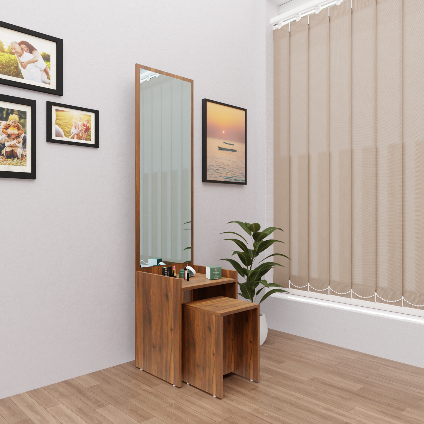 Dressing table with Mirror | Stool | Open Shelves Dressing Table VIKI FURNITURE Brussel Walnut
