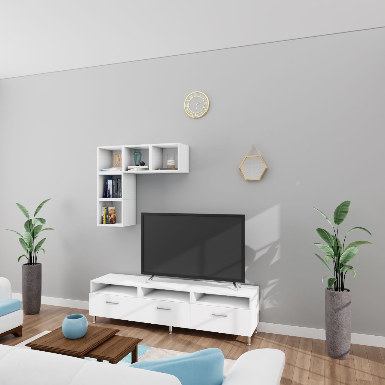 VIKI TV Unit with 3 Drawer  and  Wall Cabinet  Size :180cmsx40cmsx38cms ( Frosty White) TV Unit VIKI FURNITURE Frosty white  