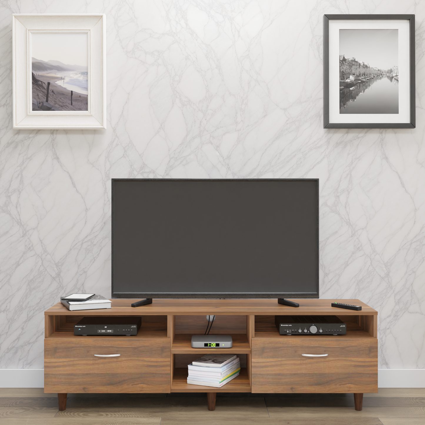 TV Unit | 2 Drawers, Open Shelves | Single Color TV & Entertainment Unit VIKI FURNITURE Brussel Walnut