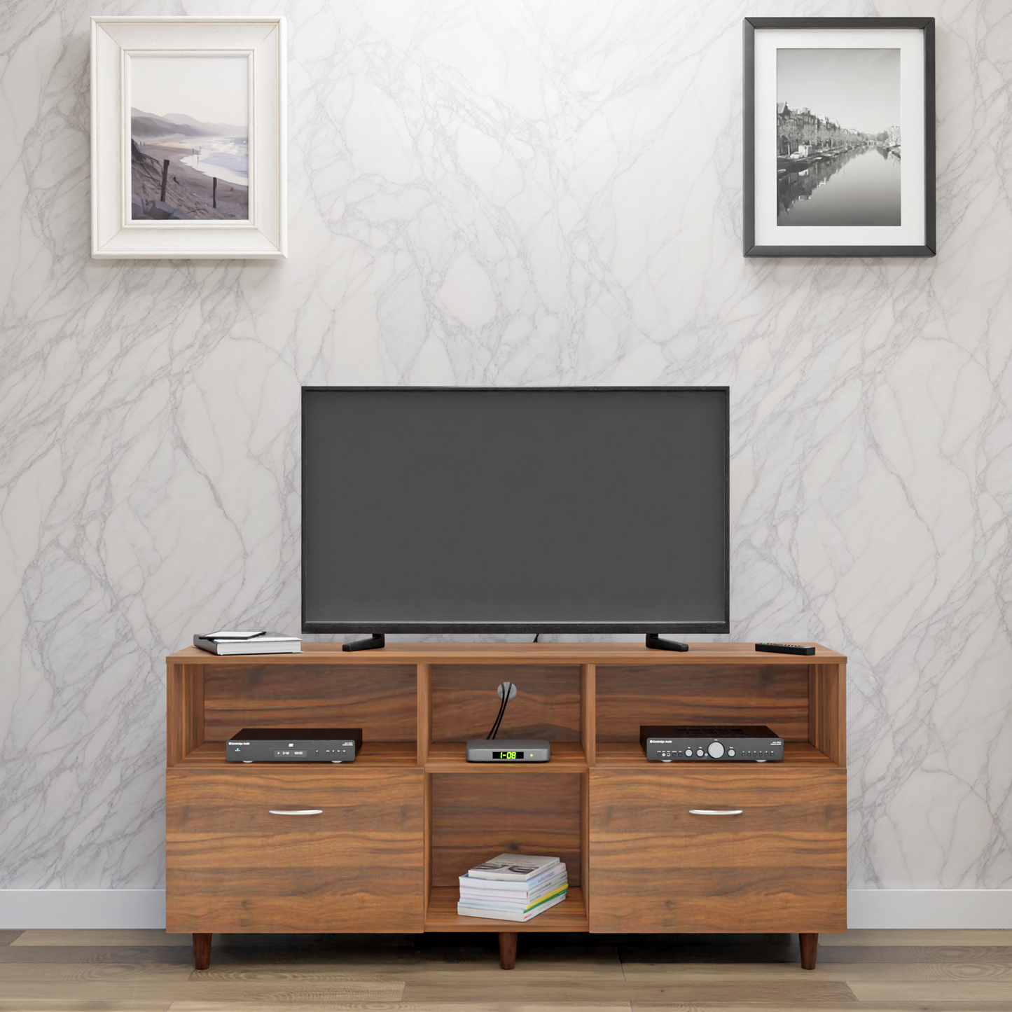 TV unit | 2 Drawers, Shelf & Open Shelves | Single Color TV & Entertainment Unit VIKI FURNITURE Brussel Walnut