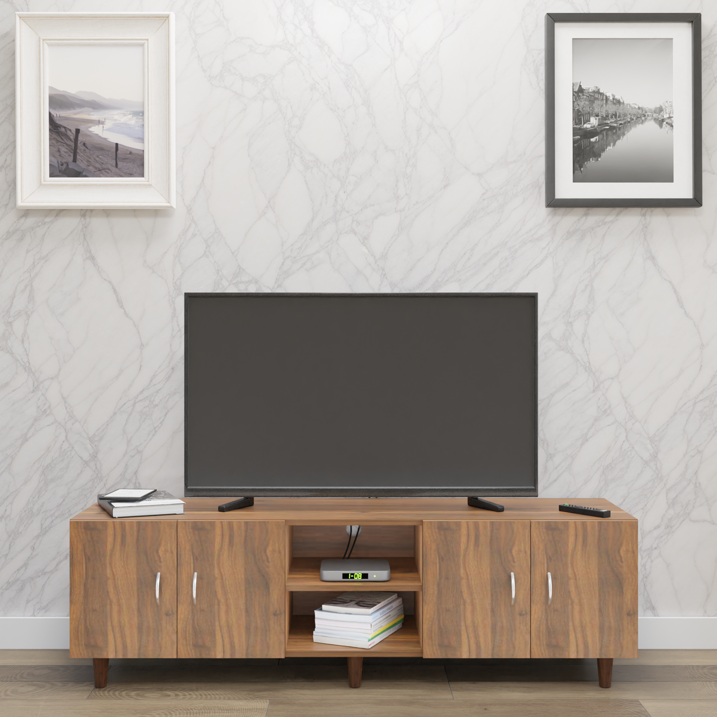TV unit | 4 Doors, Open Shelves | Single Color TV & Entertainment Unit VIKI FURNITURE Brussel Walnut