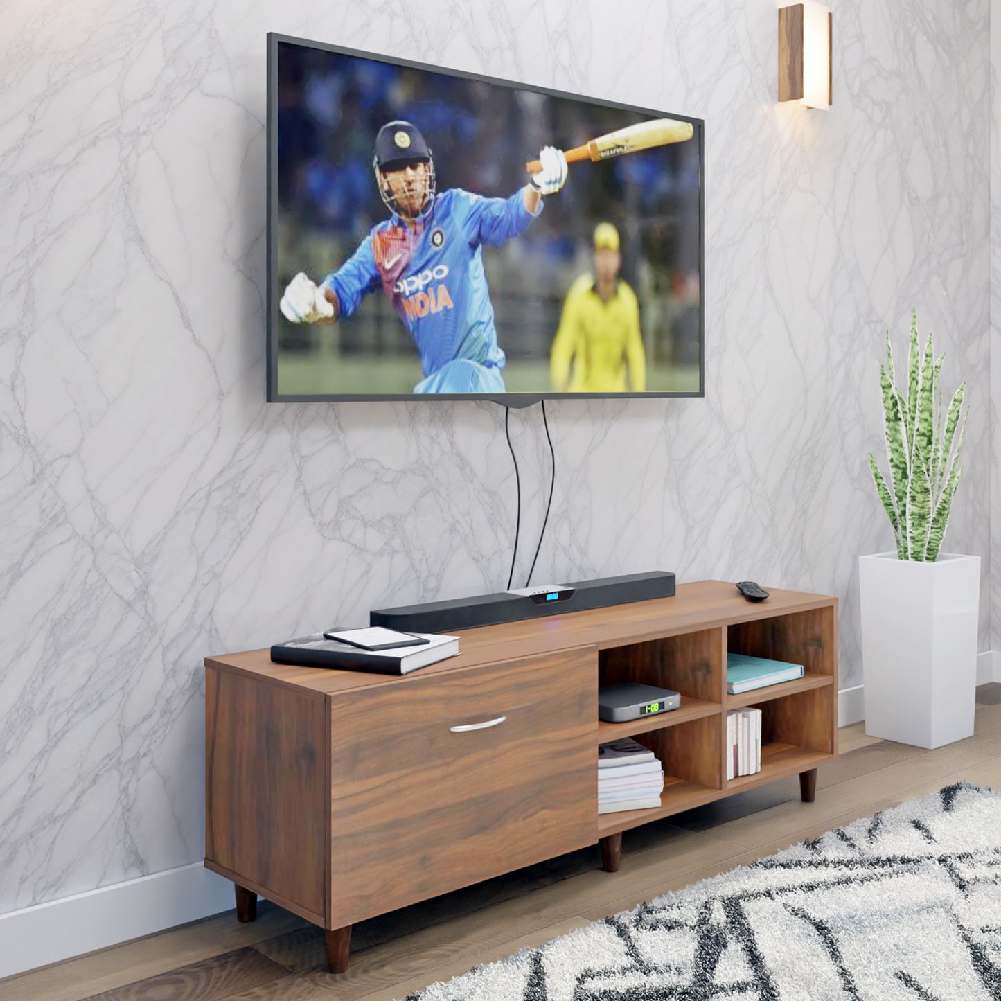TV Unit | 1 Drawer, Open Shelves | Single Color TV & Entertainment Unit VIKI FURNITURE Brussel Walnut
