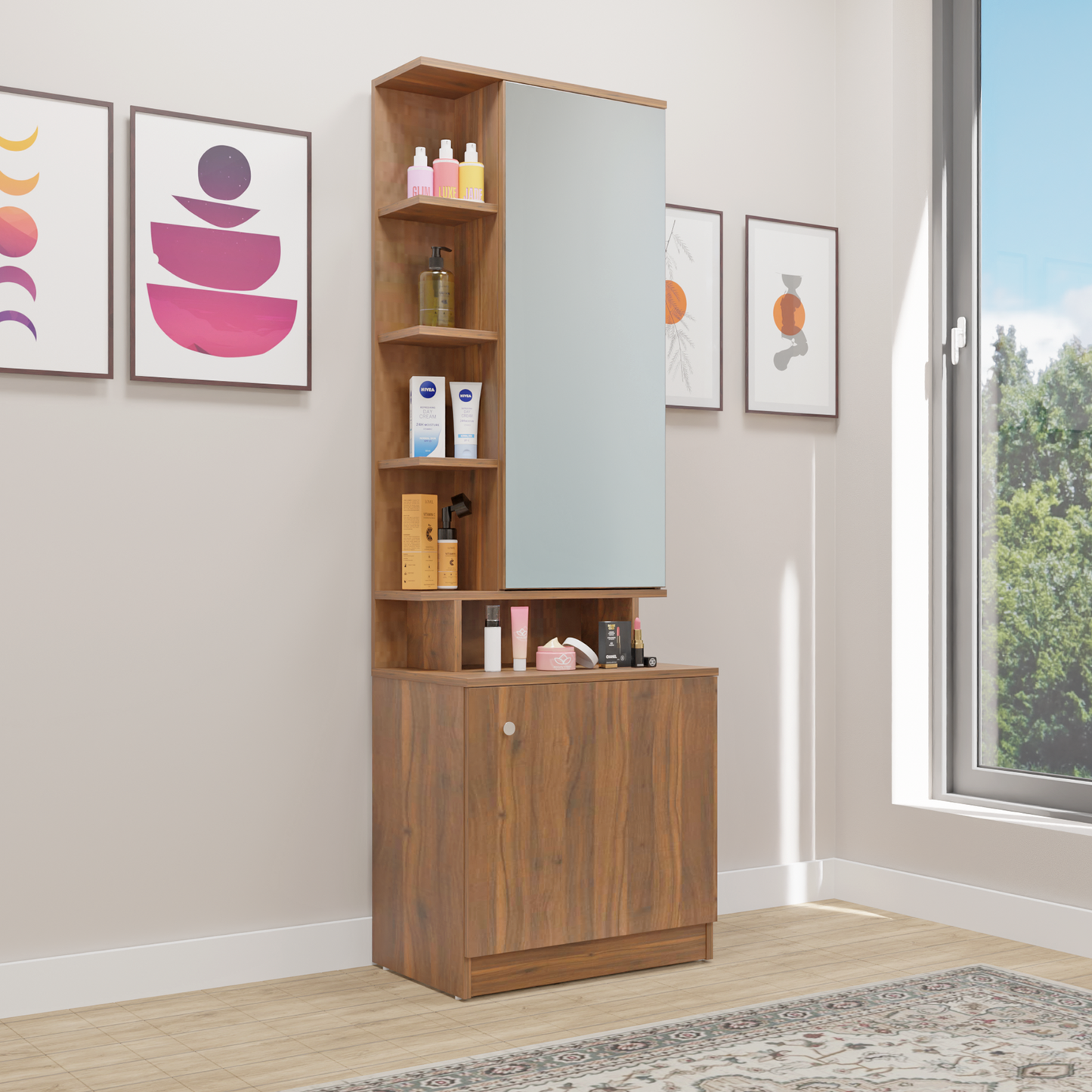 Dressing Table with Mirror Door | Drawer & Open Shelves Dressing Table VIKI FURNITURE Brussel Walnut