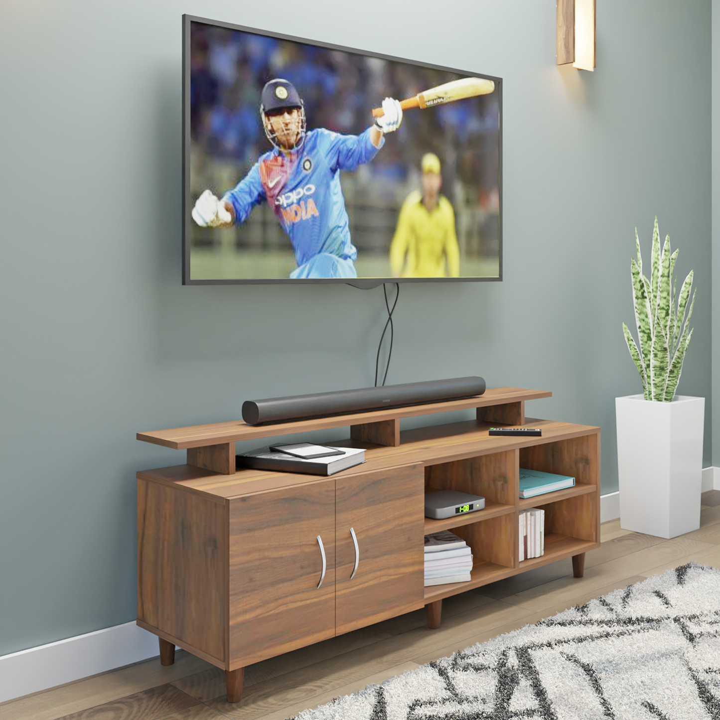 TV Unit | 2 Door, Open Shelves & Extension | Single Color TV & Entertainment Unit VIKI FURNITURE Brussel Walnut