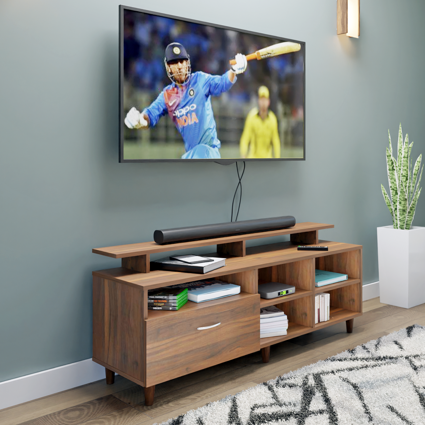 TV Unit | 1 Drawer, Shelf, Open Shelves & Extension | Single Color TV & Entertainment Unit VIKI FURNITURE Brussel Walnut