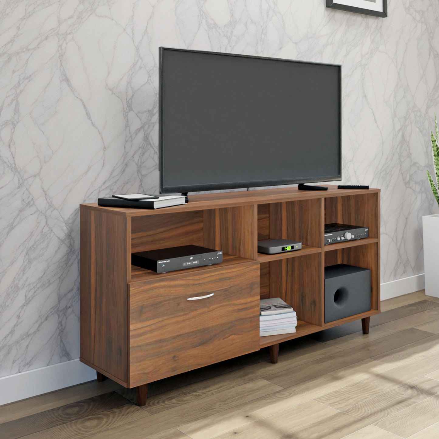 TV Unit | 1 Drawer, Shelf & Open Shelves | Single Color TV & Entertainment Unit VIKI FURNITURE Brussel Walnut