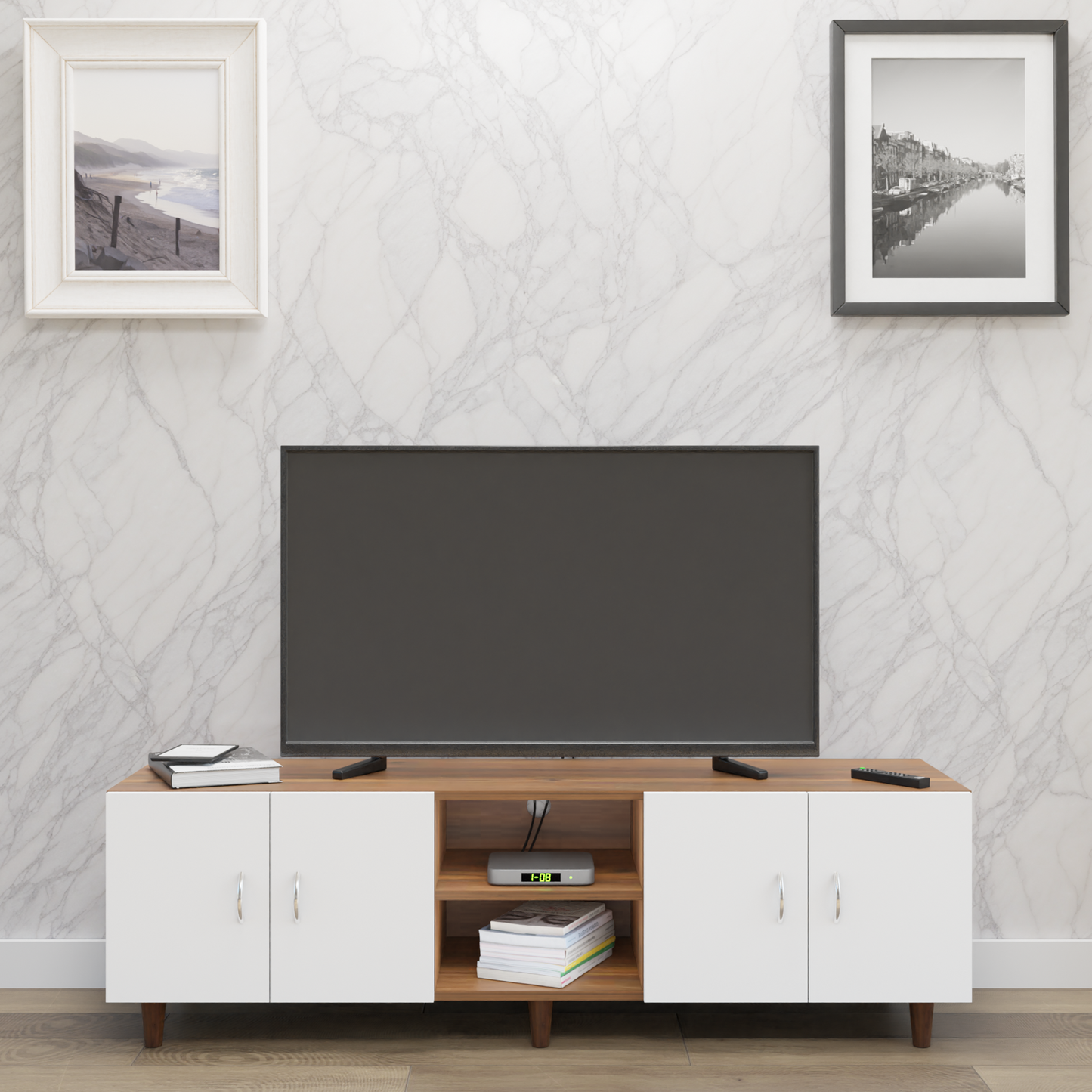 TV unit | 4 Doors, Open Shelves | Dual Color TV & Entertainment Unit VIKI FURNITURE Brussel Walnut with Frosty White