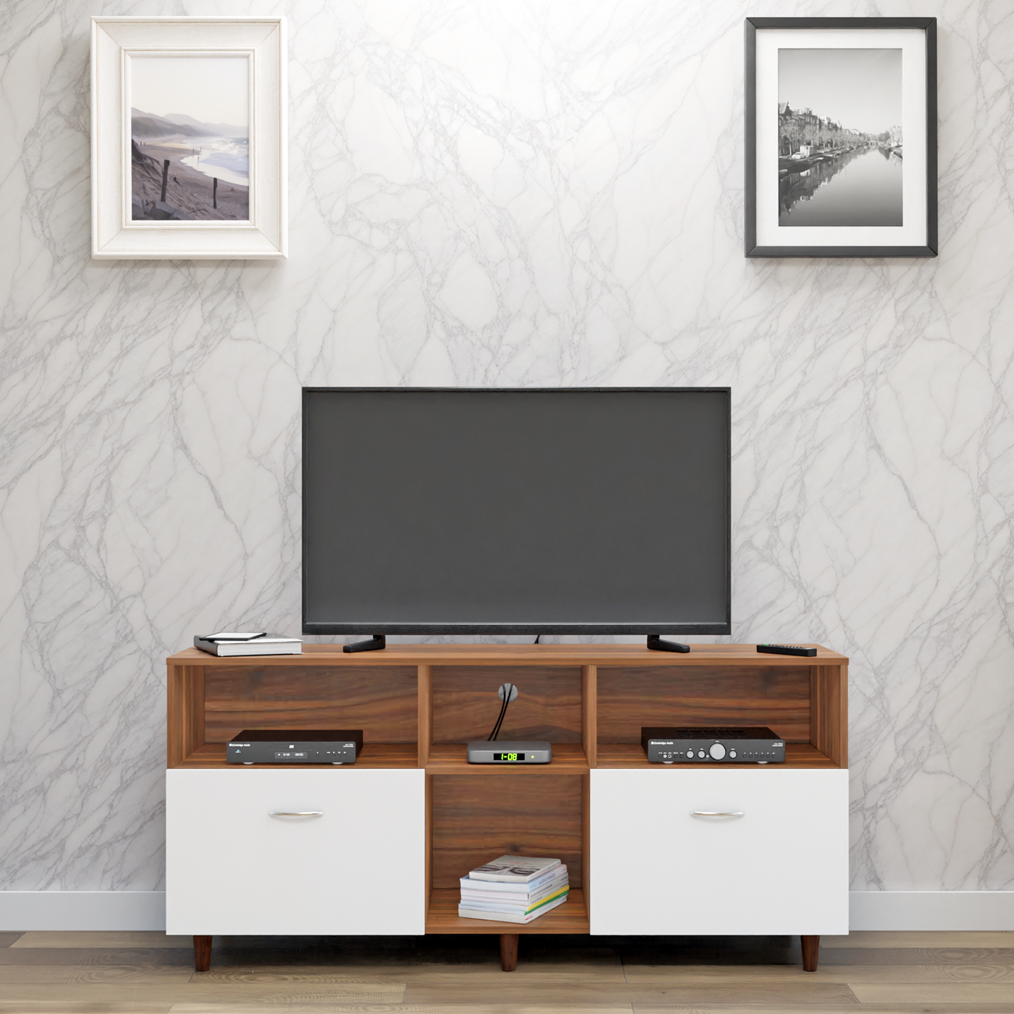 TV unit | 2 Drawers, Shelf & Open Shelves | Dual Color TV & Entertainment Unit VIKI FURNITURE Brussel Walnut with Frosty White