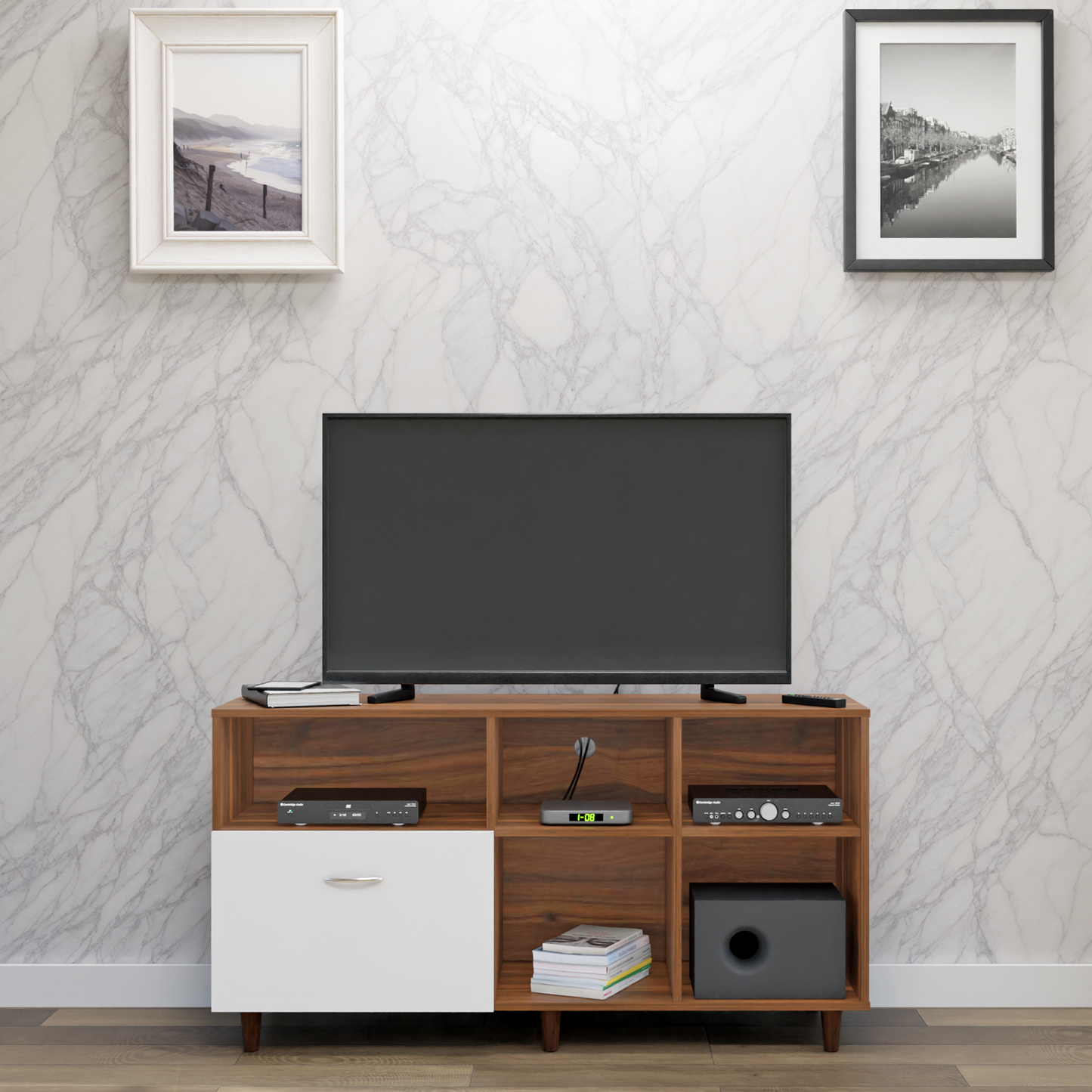 TV Unit | 1 Drawer, Shelf & Open Shelves | Dual Color TV & Entertainment Unit VIKI FURNITURE