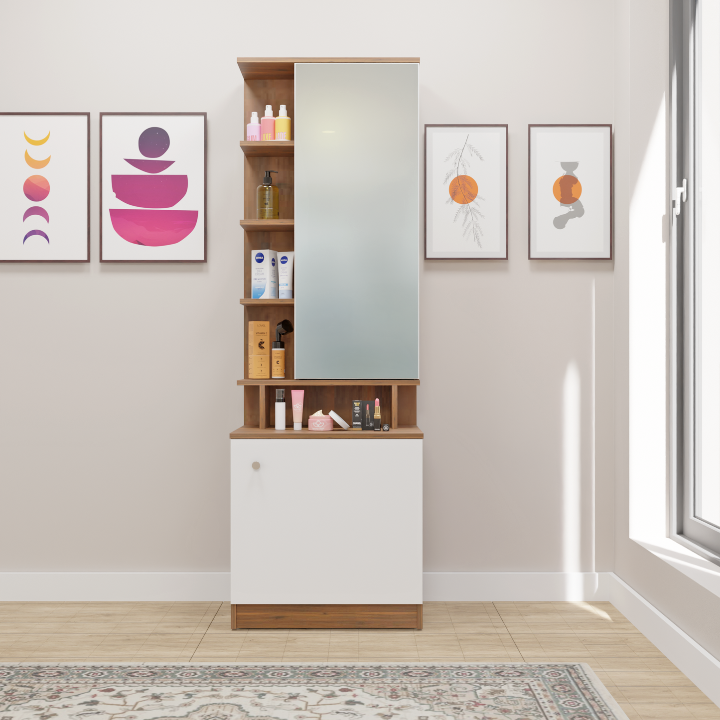 Dressing Table with Mirror Door | Drawer & Open Shelves Dressing Table VIKI FURNITURE