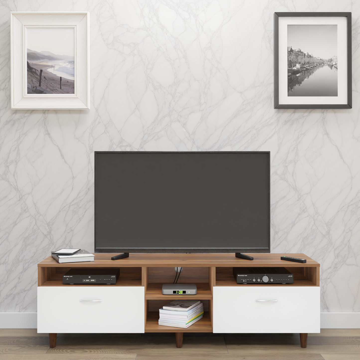 TV Unit | 2 Drawers, Open Shelves | Dual Color TV & Entertainment Unit VIKI FURNITURE Brussel Walnut with Frosty White