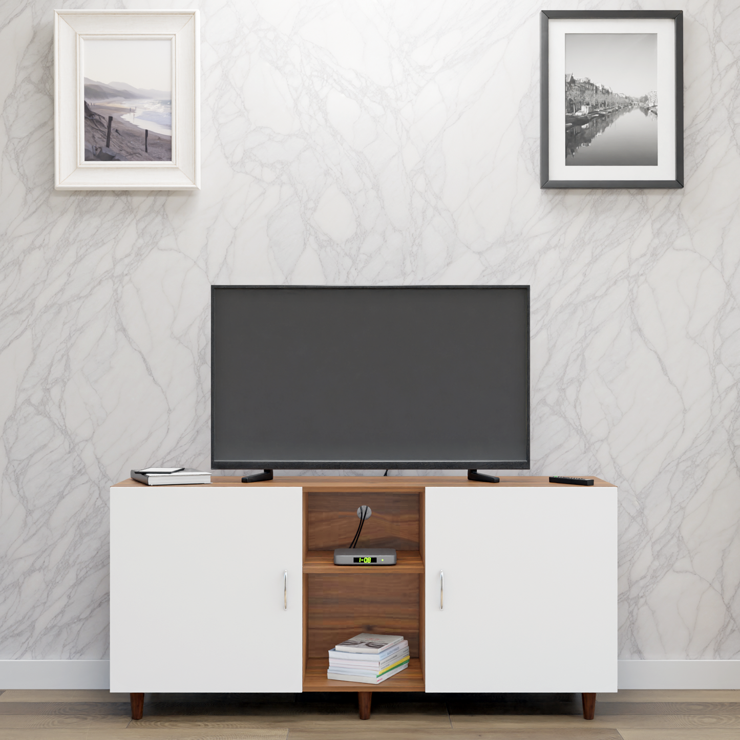 TV Unit | 2 Doors, Open Shelves | Dual Color TV & Entertainment Unit VIKI FURNITURE Brussel Walnut with Frosty White
